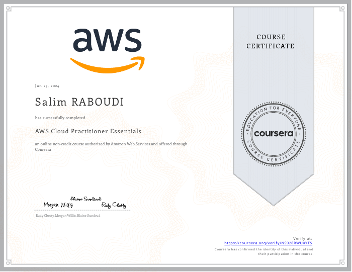 AWS Cloud Practitioner Essentials certificate preview