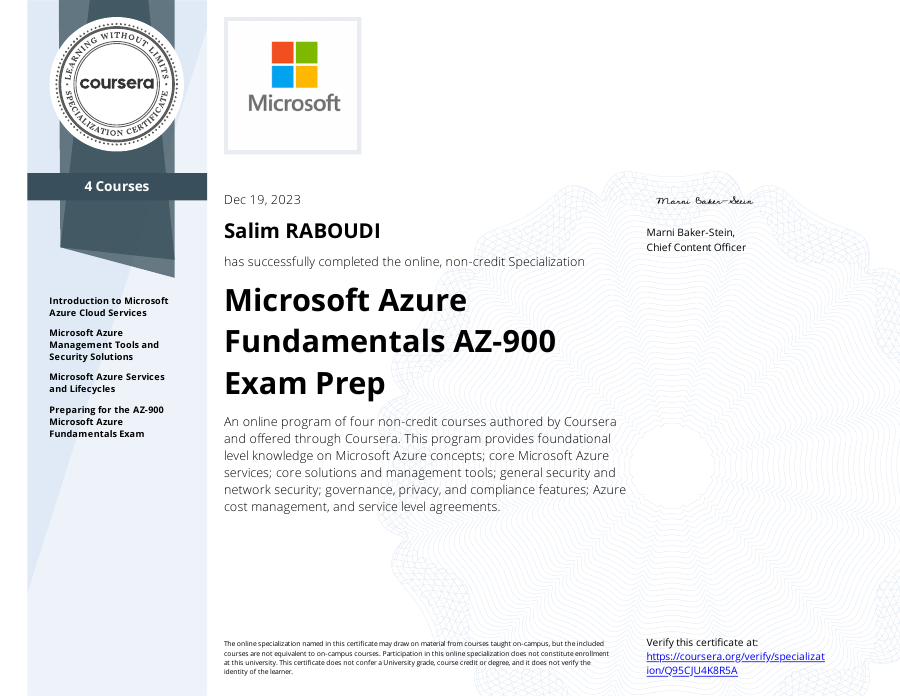 Microsoft Azure Fundamentals AZ-900 Exam Prep certificate preview